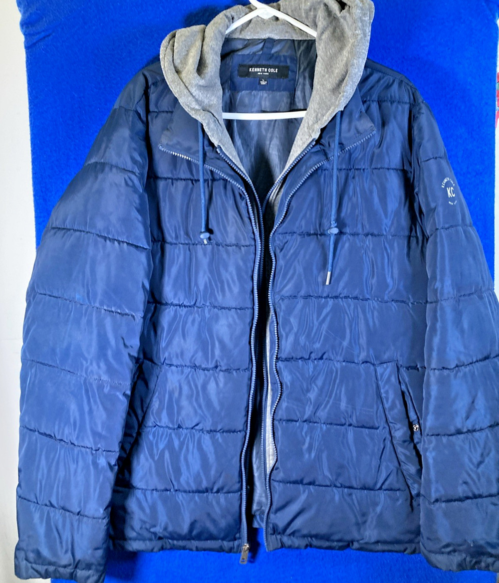 Kenneth Cole New York Mens L Blue Puffer Jacket Quilted Full Zip Hooded Coat